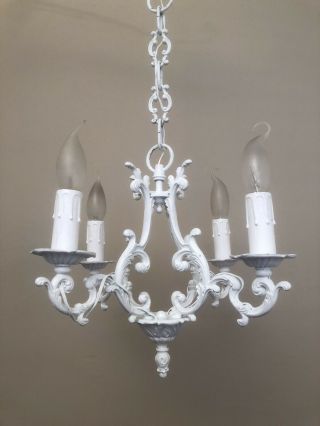 Vintage French Bronze Chandelier 4 Arm Ceiling Light Painted In Antique White
