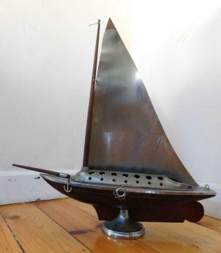 Large 1930s Art Deco Chrome & Wood Sail Boat Yacht Vase
