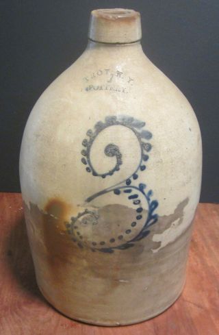 Troy Ny Pottery Stoneware 3 Gal Jug W/ Decorative 3 Design C Later 1800 