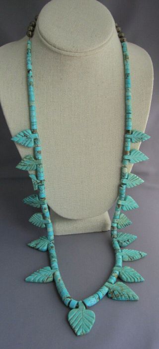 Vintage Long Old Pawn Sterling Carved Turquoise Feather Disc Donut Bead Necklace