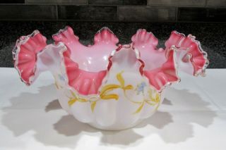 Victorian Brides Bowl Cranberry Ruffled Bowl,  Hand - Painted,  Enameled Milk Glass