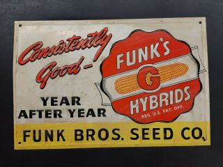 1950s Vintage Funks G Hybrids Embossed Metal Sign Farm Corn Feed Seed Old Barn