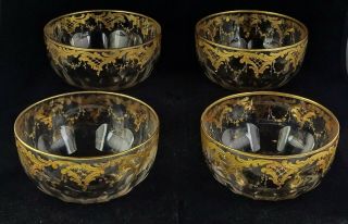 Four Josephinenhutte Gold Encrusted Antique Crystal Finger Bowls Paneled