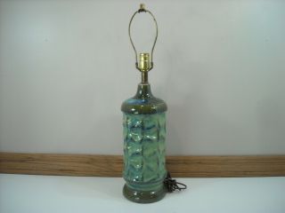 Vintage Mid Century Modern Olive Green Blue Drip Glaze Art Pottery Ceramic Lamp