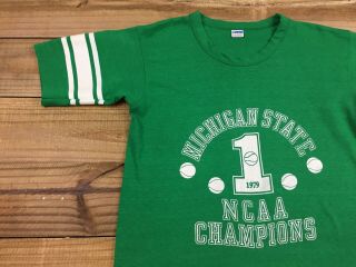 VTG 70 ' s Champion Blue Bar Michigan State Spartans 1979 NCAA Champions T - Shirt L 2