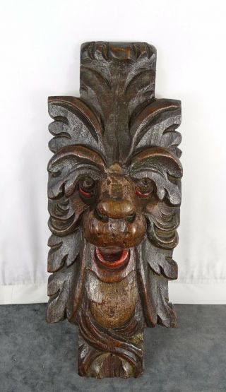 11 " Antique French Hand Carved Oak Wood Plaque Face Figure Greenman Gothic