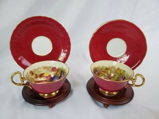 2 Antique Aynsley Tea Cups,  Saucers And Stands.  Maroon/burgundy Gold Gilt.  B - 112