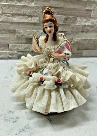 German Dresden Lace Figurine Lady In Chair With Fan