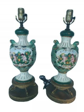 Vintage Capodimonte Porcelain Hand Painted Lamps Green Urn Style Fish Feet Base