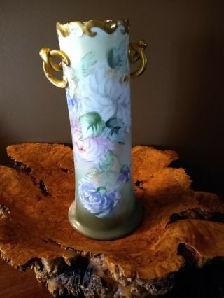 Large 12 Inch Antique Limoges? Hand Painted Roses Decorated Porcelain Vase