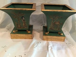 Pair French Tole Hand Painted Toile Planter Cache Pot Jardiniere Chinoiserie