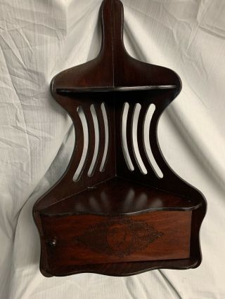 Antique Vintage Small Mahogany Corner Wall Shelf With Embossed Cameo Cupboard