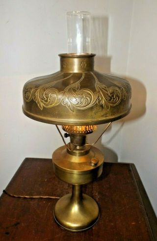 Antique 1800s Heavy Table Desk Art Nouveau Oil Lamp W/stamped Brass Shade