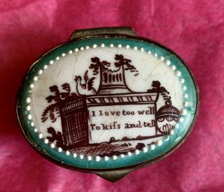 18 C Bilston Or Battersea Enamel Patch Box.  I Love You Too Well To Kiss And Tell