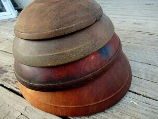 Set Of 4 Old Wooden Nesting Bread Dough Bowls Hand Turned W/ Rims Out Of Round