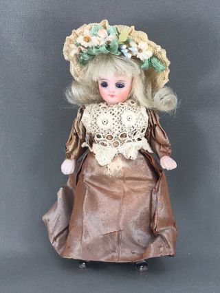 Antique 4.  5 " Mignonette German/french Bisque Doll House Doll - Silk Dress