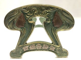 Antique Art Nouveau Expandable Brass Painted Sliding Book Rack Mucha Style Women