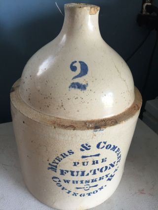 Antique Myers,  Covington,  Kentucky Stoneware 2 Gallon Crock Jug Fulton Whiskey