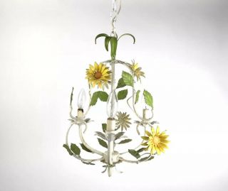 Vintage Italian Tole Painted Flower Chandelier Pendant Hollywood Regency Light