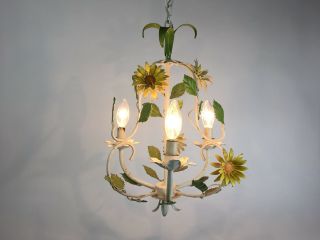 Vintage Italian Tole Painted Flower Chandelier Pendant Hollywood Regency Light 2