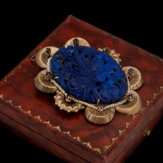 Antique Vintage Art Deco 14k Gold Chinese Carved Lapis Lazuli Sapphire Pendant