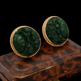 Antique Vintage Art Deco 14k Yellow Gold Chinese Carved Nephrite Jade Earrings