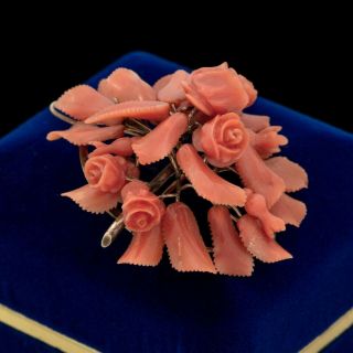Antique Vintage Georgian 18k Gold Carved Salmon Coral Rose Pin Brooch Pendant