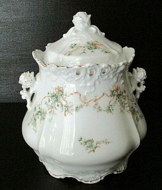Hermann Ohme Antique Eglantine Germany Porcelain Biscuit Jar Canister C.  1890 