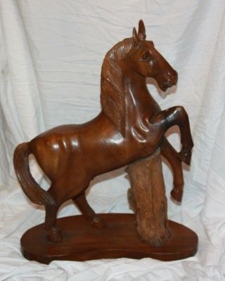 Large Wood Horse Sculpture Rearing Hand Carved Detailed Vintage Folk Art