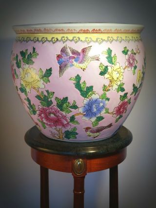 15 " Vintage Chinese Porcelain Koi Fish Bowl Planter Pot Finch Bird Peony Flower