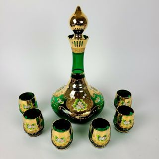 Ardalt Lenwile Emerald Green Gold Musical Glass Decanter Set W/ 6 Cups