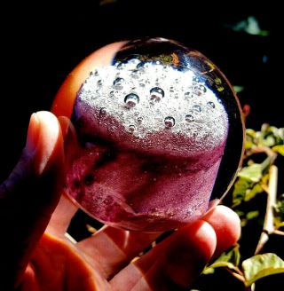 Vtg Lithuania Art Glass Paperweight Purple W Bubbles 3.  25in W X 3in T