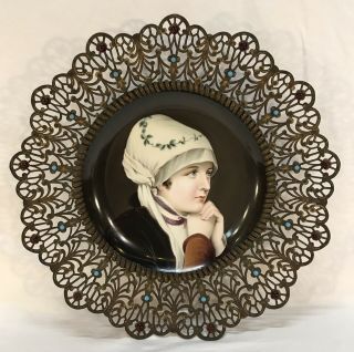 Antique Porcelain Painting Portrait Young Woman In Jeweled Brass Frame