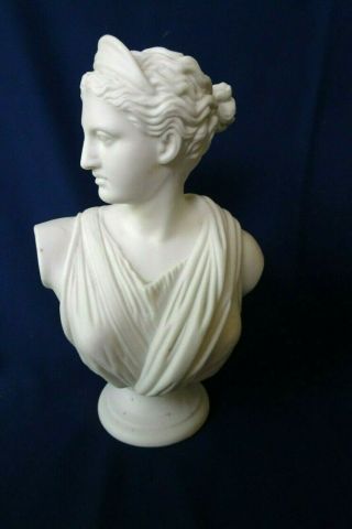 Antique Parian Ware Bisque Bust Of Diana Goddess Of The Hunt 10 3/4 " Ht.  Signed