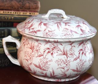 Vintage Victorian Chamber Pot Red & White Floral Lid Handle Round Ceramic 10 " W