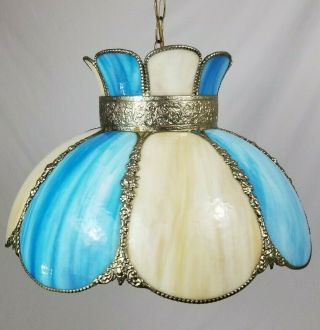 Vintage Blue Slag Stained Glass Hanging Swag Ceiling Lamp Light 8 Panel 2