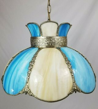 Vintage Blue Slag Stained Glass Hanging Swag Ceiling Lamp Light 8 Panel 3