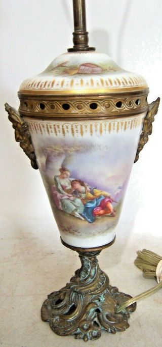 Ornate Antique L.  Henry Bronze & Porcelain Urn Lamp French Couple In Love