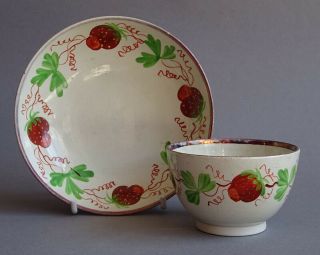 Antique English Creamware Pottery Staffordshire Teabowl Cup & Saucer Strawberry