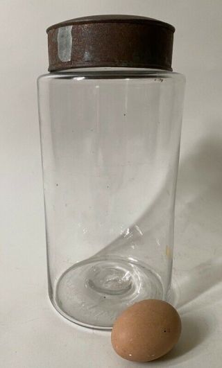 Antique Large 10” Blown Glass Apothocary Jar W Tin Lid,  C.  Early 1800s