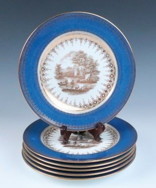 Set 6 Antique Wedgwood Powder Blue Lustre Gold Scenic Dessert Plates Cabinet