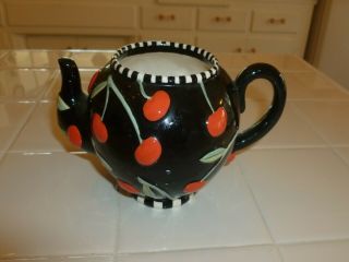 Cute 1995 Mary Engelbreit Black Ceramic Teapot With Cherries And No Lid