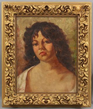19thc Antique Gypsy Woman Italian Portrait Oil Painting Carved & Gilded Frame