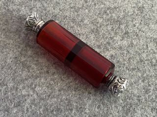 Antique Sterling Silver And Red Crystal Double Perfume Bottle
