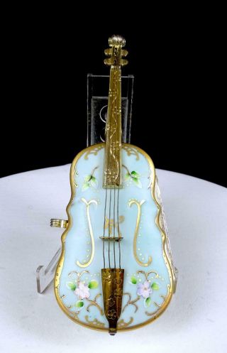 French Porcelain And Brass 6851a Enameled Flower Cello Violin Shaped 7 1/2 " Box