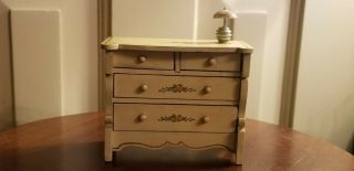 Antique Tynietoy Dollhouse Miniature Yellow Floral Chest With Lamp