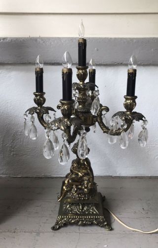 Antique Candelabra Brass Cherub Table Lamp With Crystals 23”