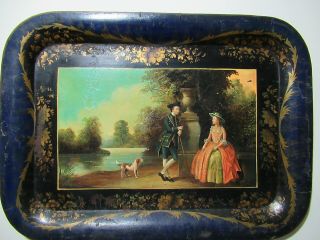 Rare Antique Old 19 C.  Hp Large Metal Toleware Tray Colonial Lady,  Gent; Signed