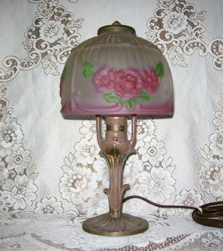 Antique Cast Iron Aladdin Electric Lamp with Reverse Painted Shade 2