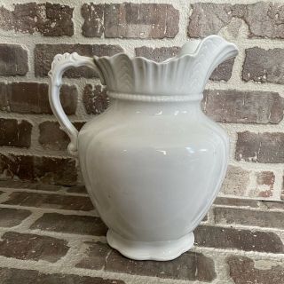 Antique Large White Ornate Ironstone Pitcher,  Alfred Meakin England 11.  5” Tall
